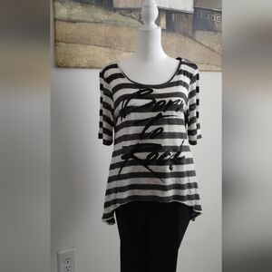 Modern Lux Black and White Striped Scoop Neck Tee with Script